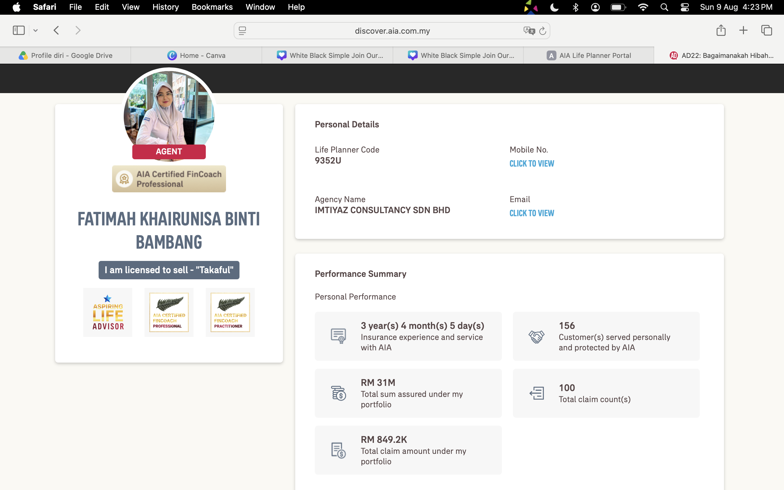 Profil agent Fatimah Khairunisa di AIA Life Planner Portal